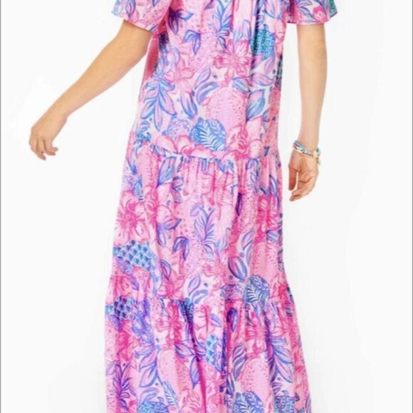 Lilly Pullitzer NWT Dezi Off-The-Shoulder Maxi Dress Pink Isle Snappy Turtle XS - Picture 3 of 9